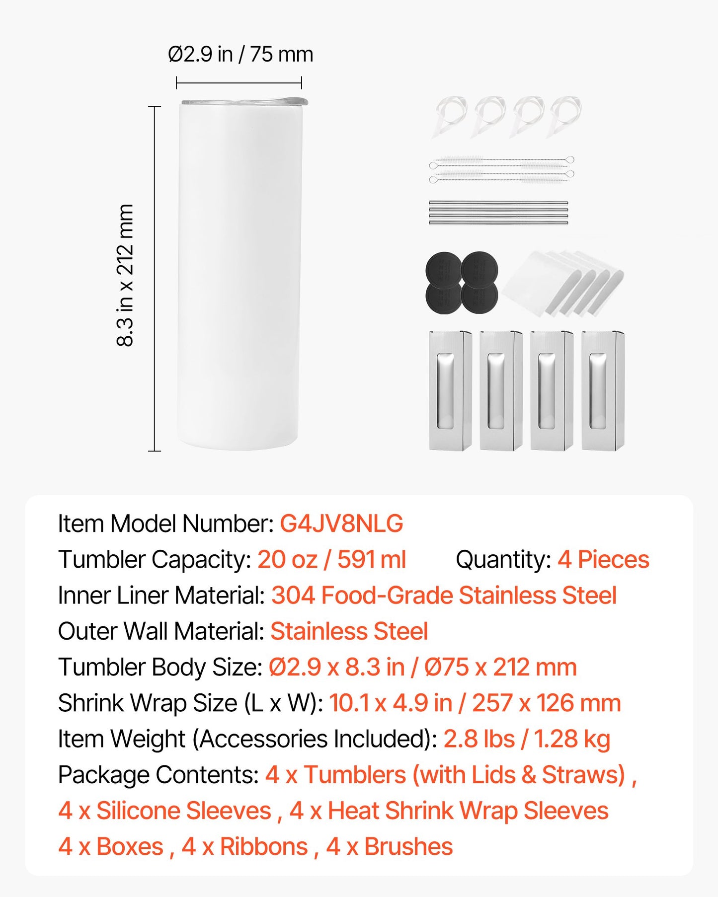 20 Oz Stainless Steel Sublimation Tumblers 4 Pack - Insulated Skinny Cups with Lids & Straws