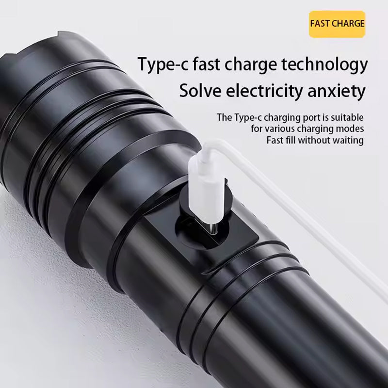 Rechargeable 50,000 Lumens LED Flashlight with Zoom, USB-C Charging & Emergency Power