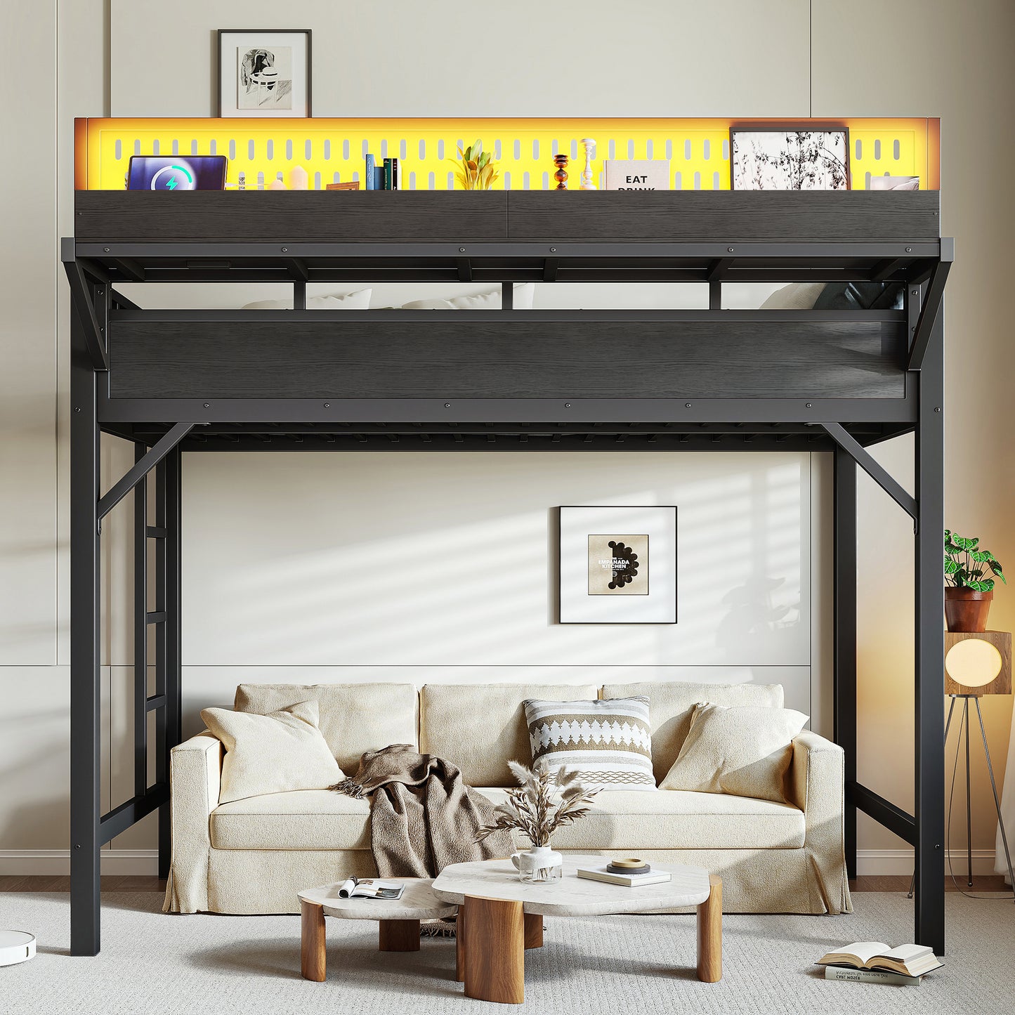 Twin XL Metal Loft Bed Frame with USB Ports & LED Lights