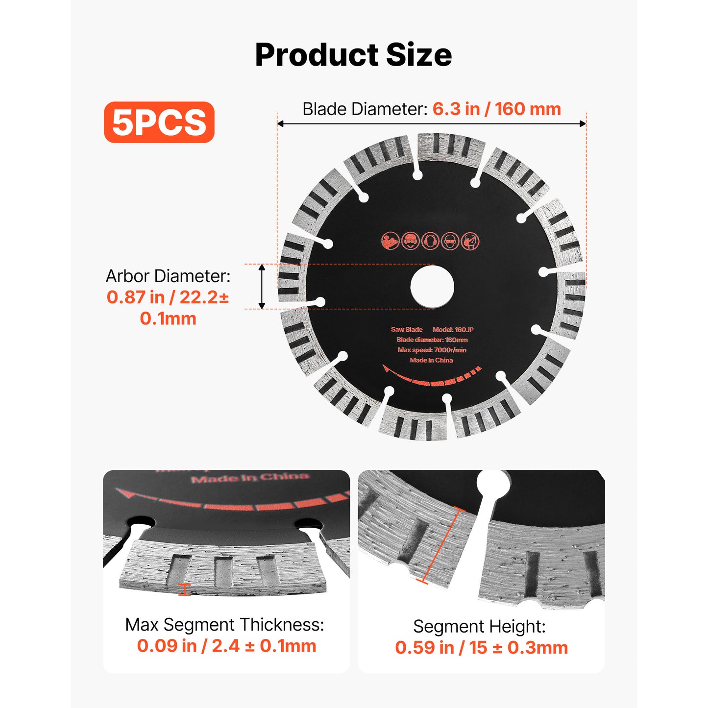 Diamond Saw Blades 6.3 Inch 5-Pack for Concrete Brick Stone Cutting - High-Hardness Segments