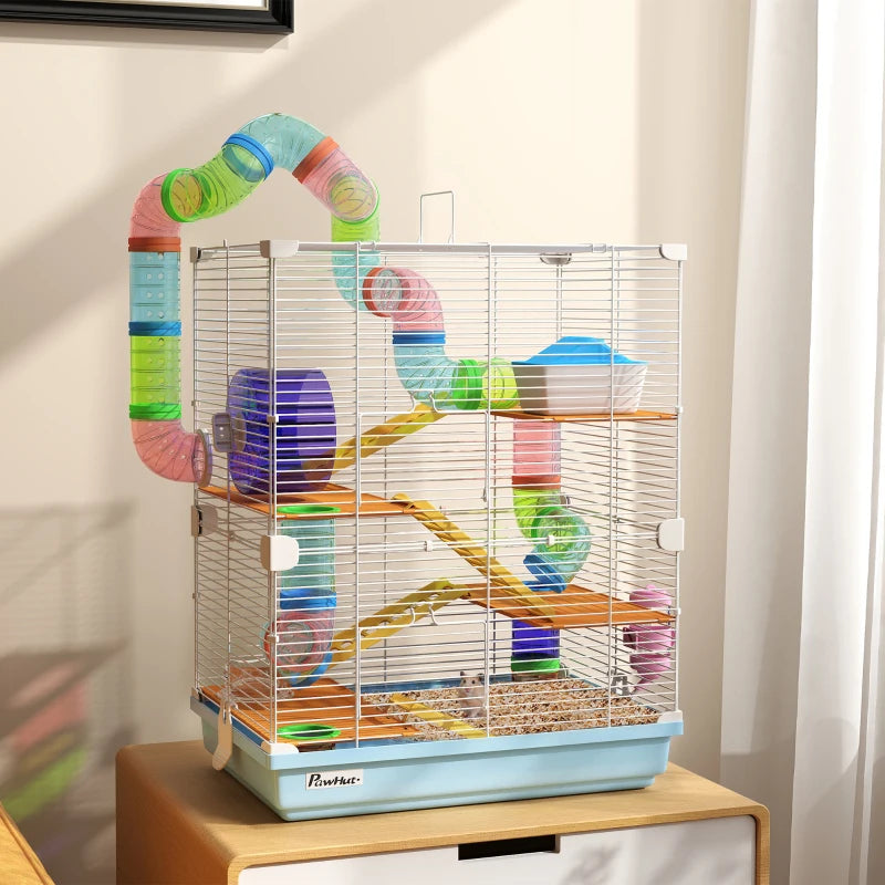 Pet Hamster Cage with Exercise Wheel and Tubes, 5 Tiers, Portable Light Blue