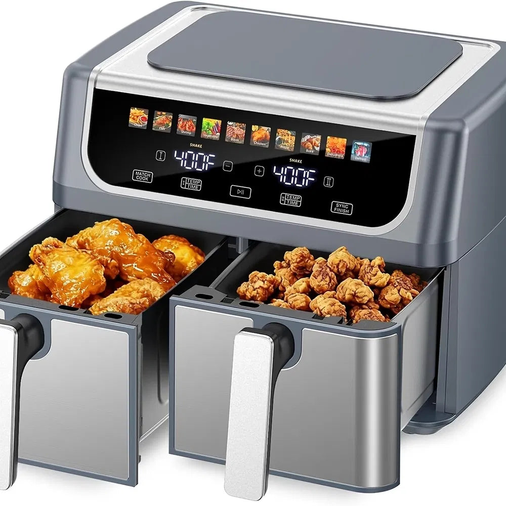 Large 9.5 Quart Dual Basket Air Fryer with 10 Presets, Independent Temp Control, and Shake Reminder - Black