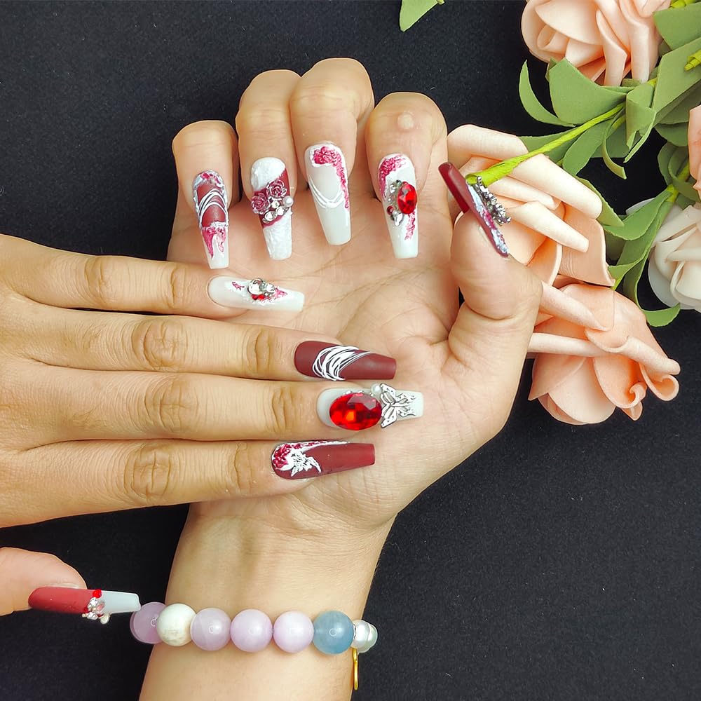 Shiny Crystal Long Press-On Nails - Suede Scarlet - Size M