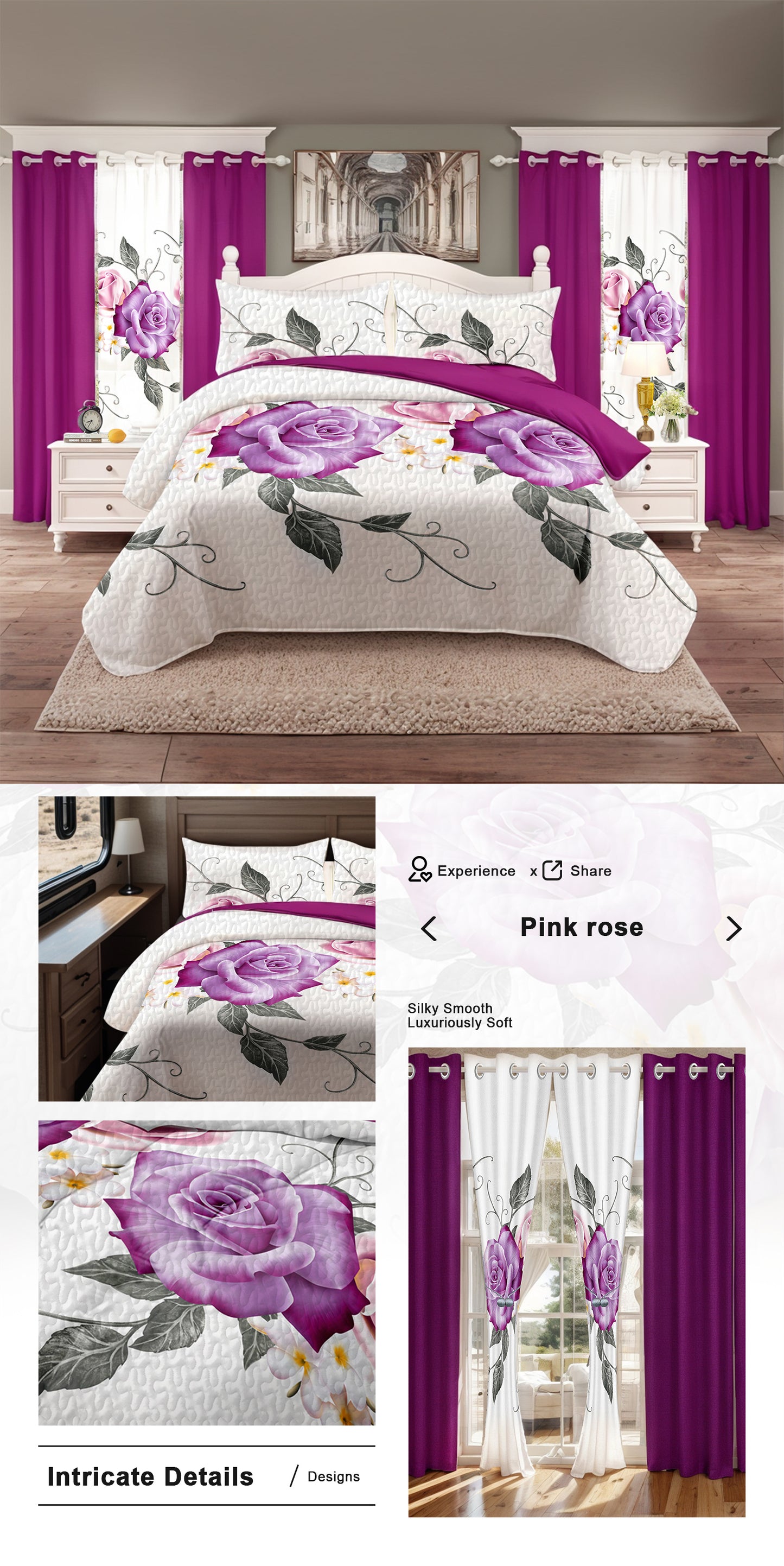 9-Piece Room In A Bag Quilt & Curtain Set - Deep Magenta Floral