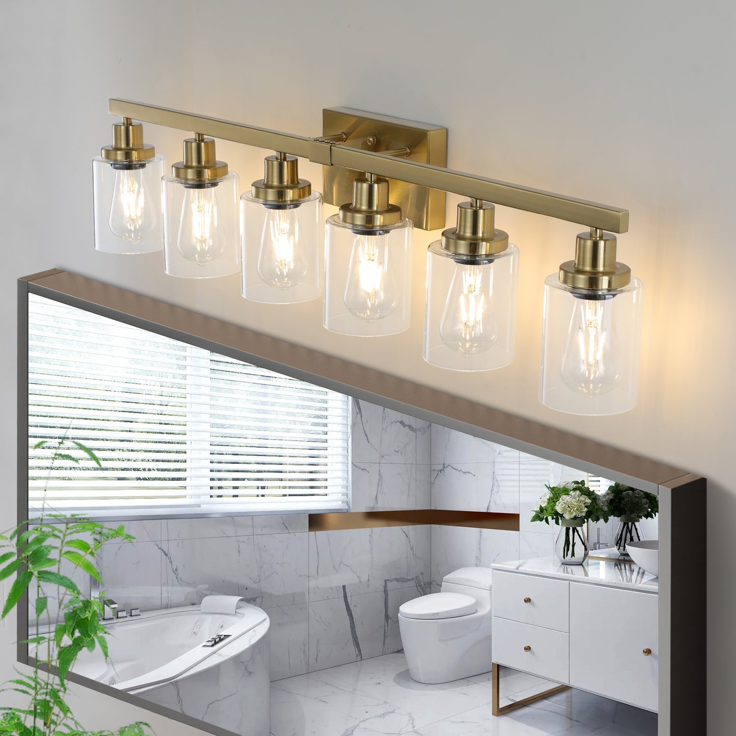 Golden 6-Light Vanity Light Fixture with Clear Glass Shades