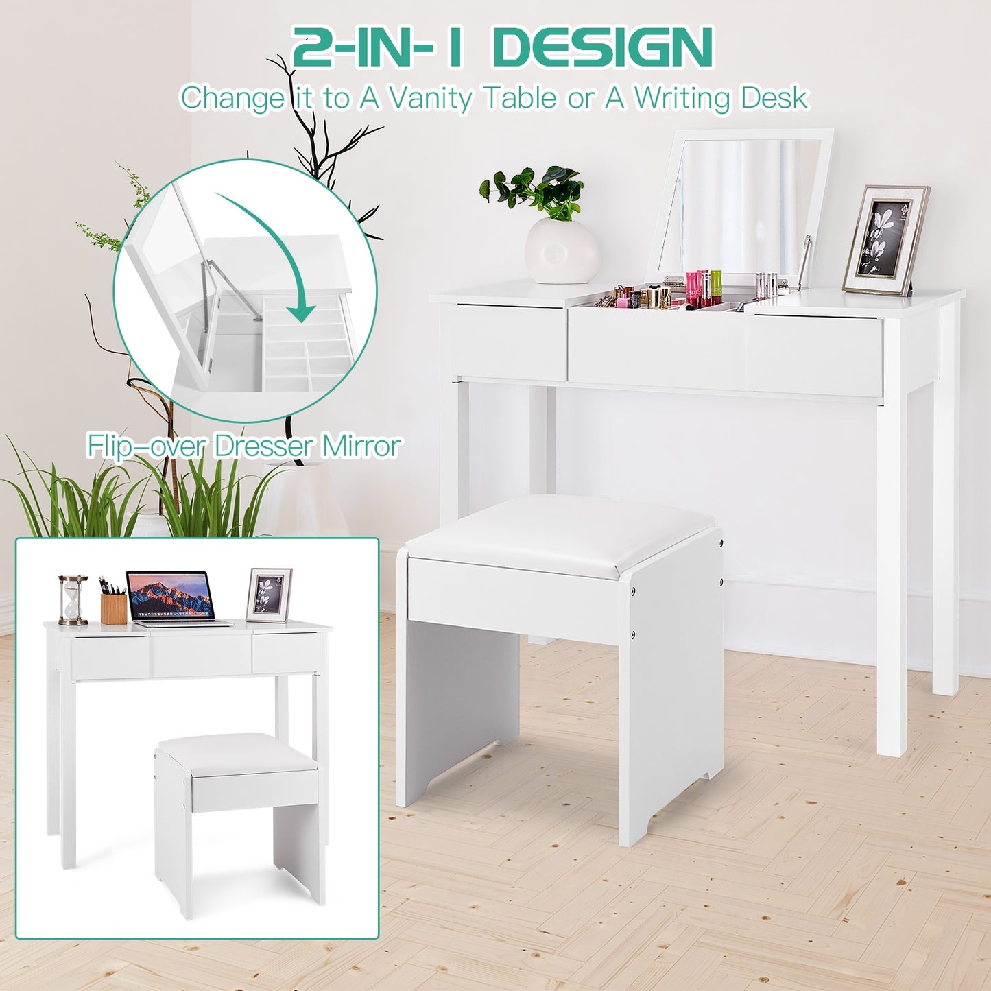 Vanity Makeup Dressing Table Set with Flip Top Mirror & Stool - White