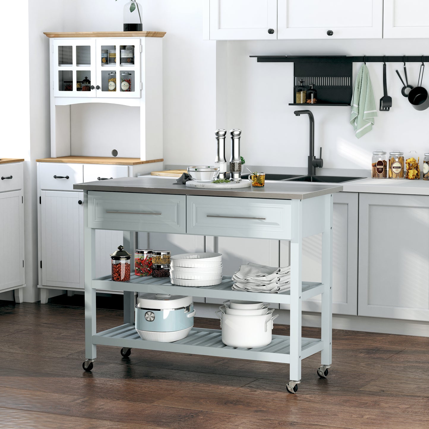 Kitchen Island Cart with Stainless Steel Top & Storage - Light Gray