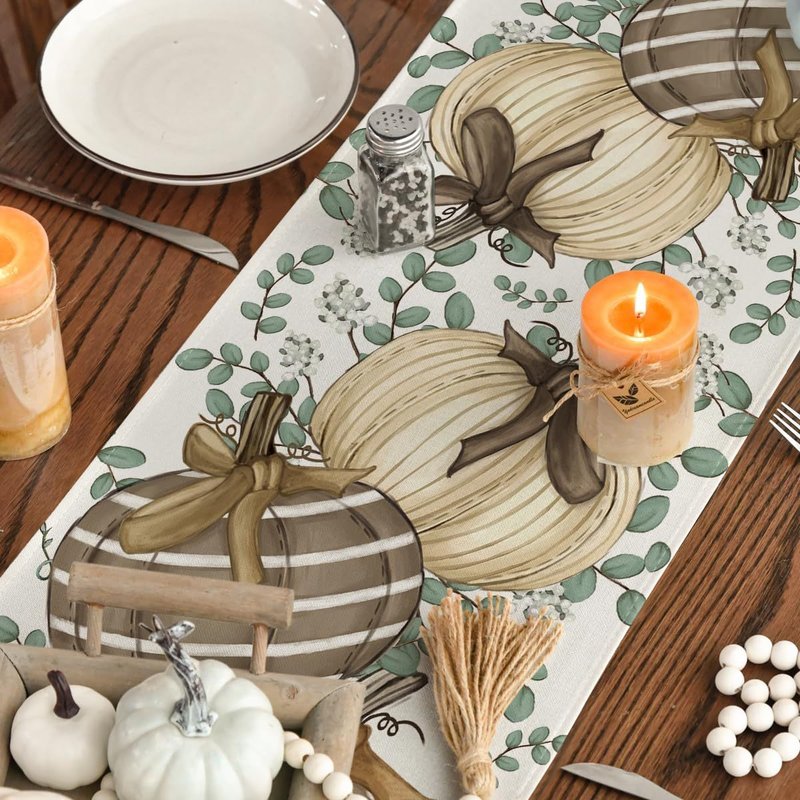 Pumpkin Eucalyptus Leaf Polyester Table Flag for Festive Home Decor