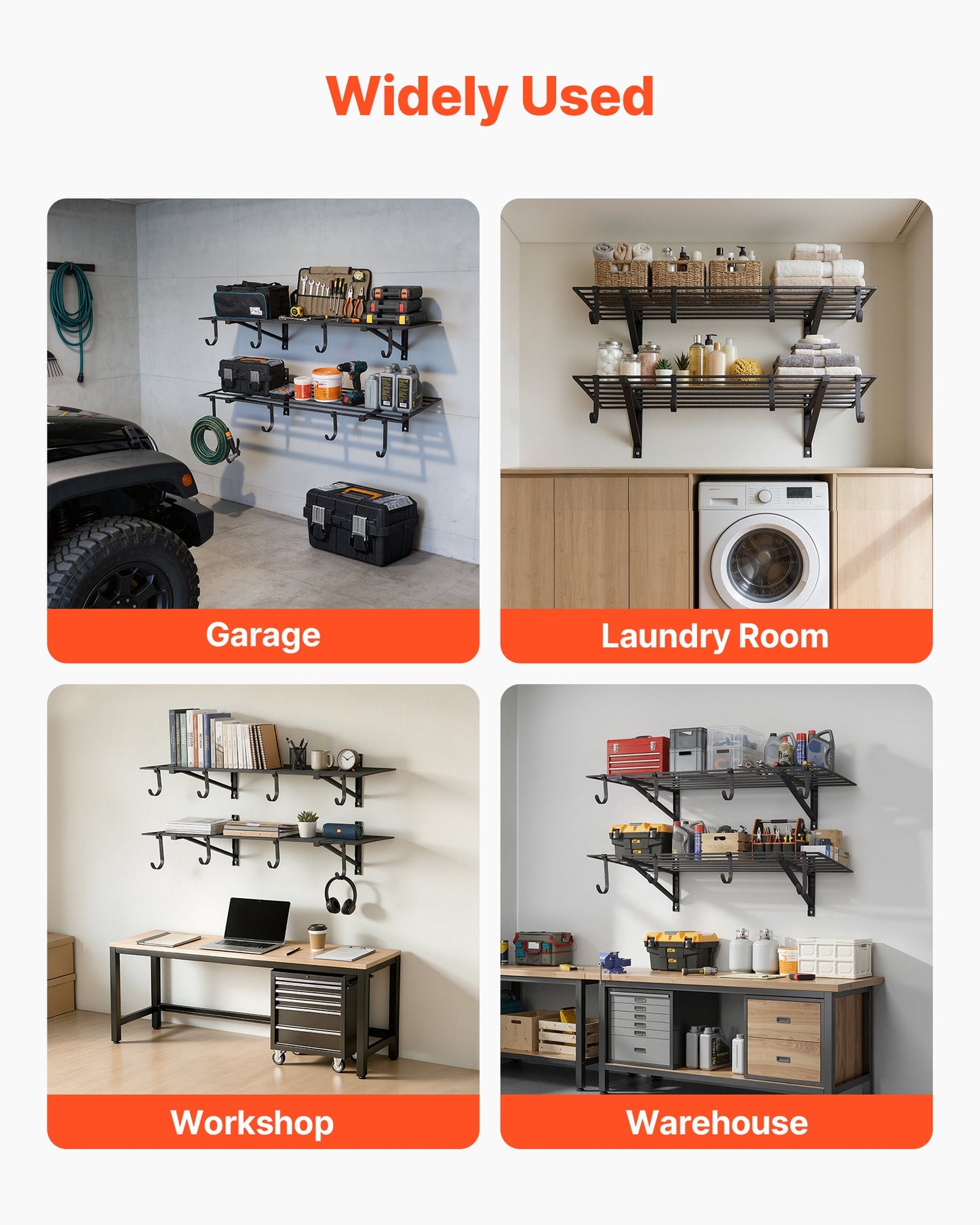 Heavy Duty Wall Garage Shelving Unit with Hooks - 2 x 4 ft Steel Storage Rack, Black