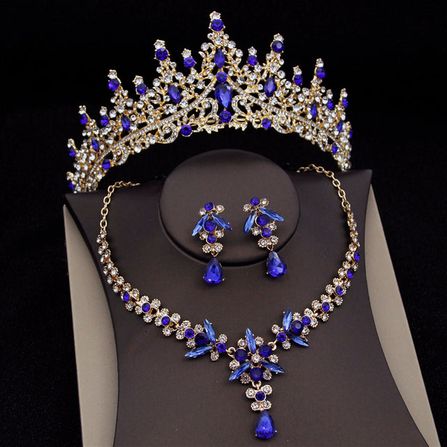 Luxury Bridal Jewelry Set with Tiara Crown Necklace and Earrings - Multiple Colors