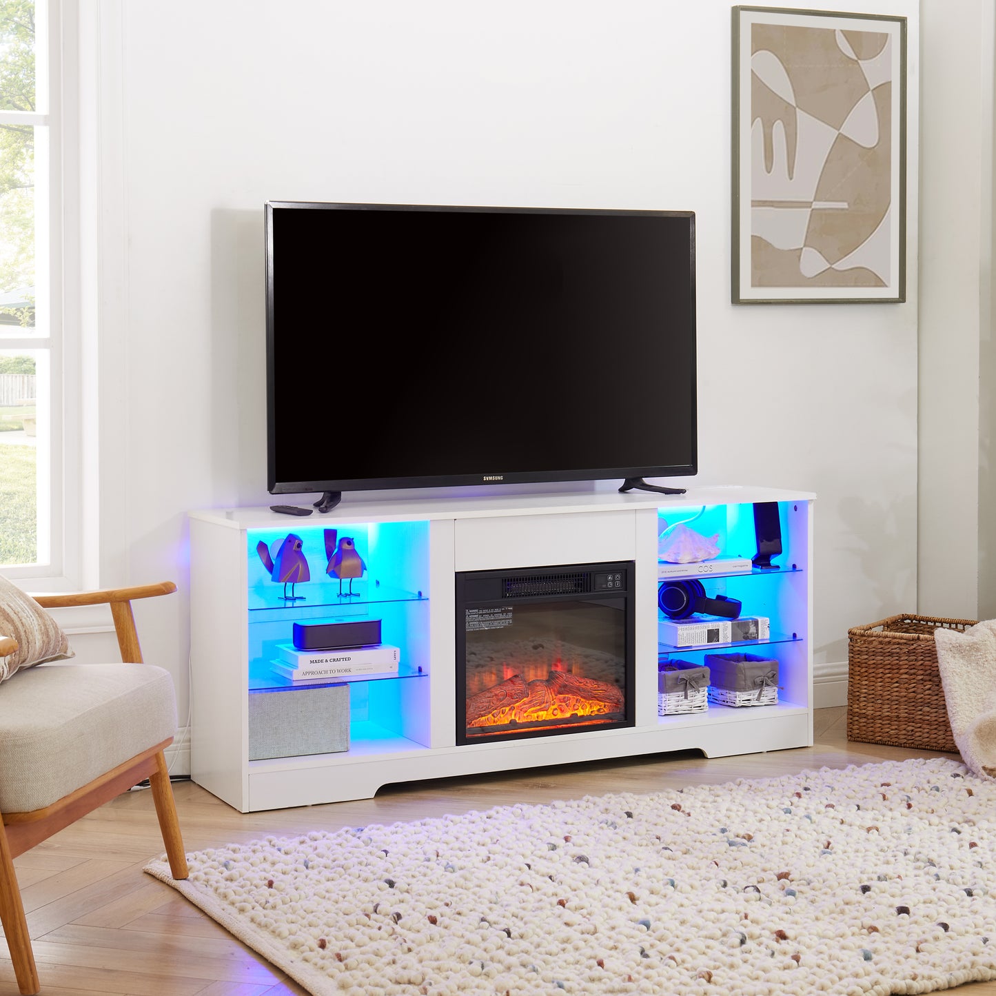 Electric Fireplace TV Stand with Glass Shelves & LED Lights - White