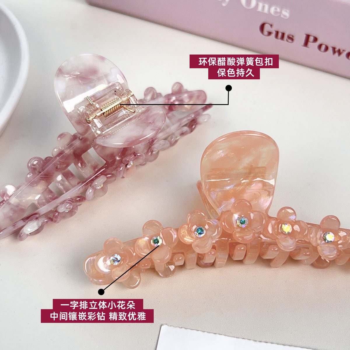 Floral Rhinestone Hair Clip - Handmade Acetate