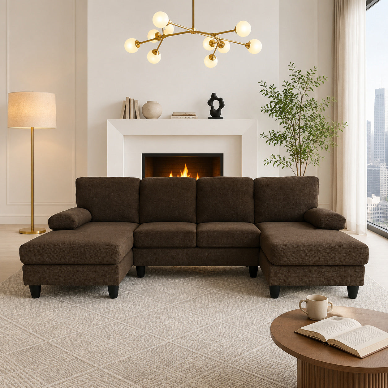 Comfortable U-Shaped Sofa with Dual Chaise & Nubby Upholstery - Coffee