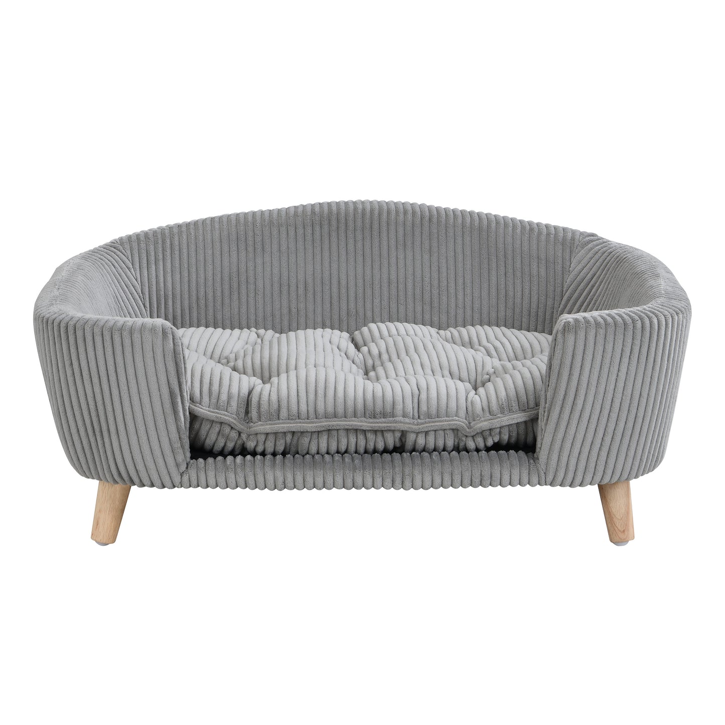 Small Dog Elevated Bed Frame with Corduroy Cushion & Rubber Wood Legs - Grey