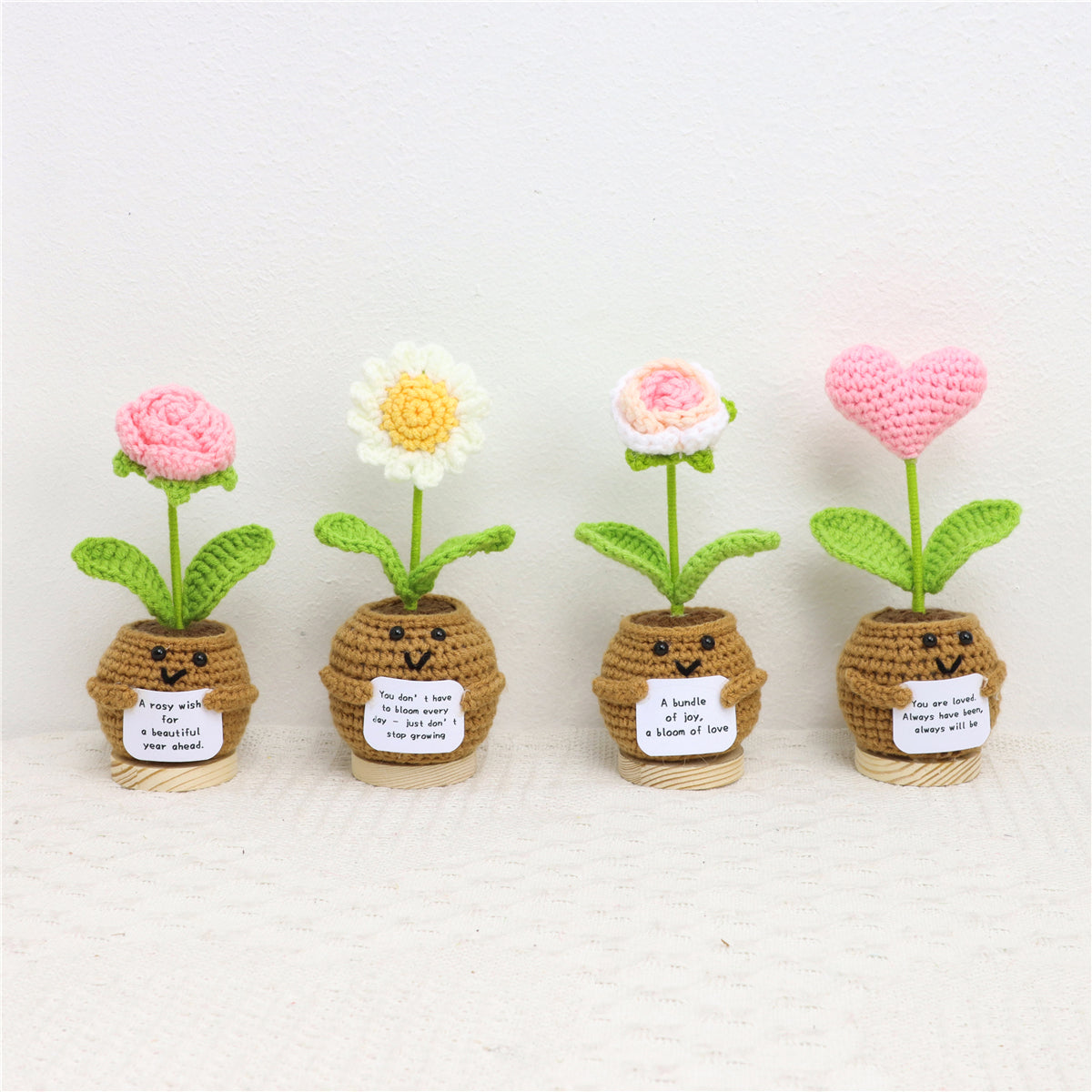 Mini Crochet Potted Flower Decor Assorted Rose & Heart with Inspirational Cards