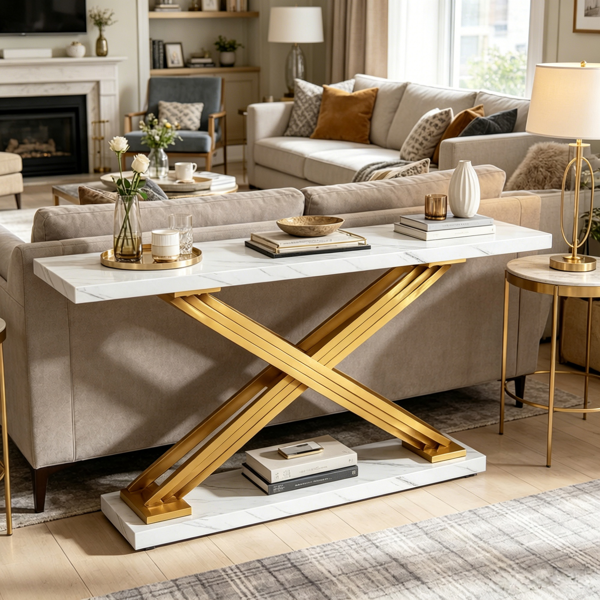 Luxury Console Table with White Faux Marble Top & Gold Metal Frame