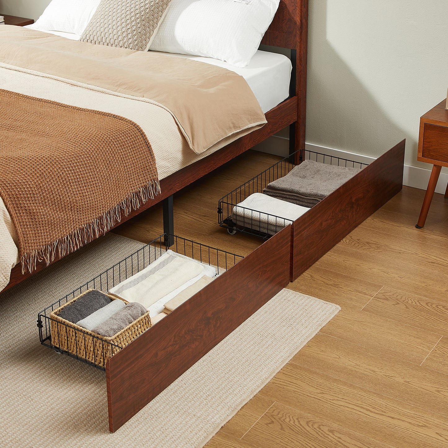 Queen Size Solid Wood Platform Bed Frame with Storage Drawers