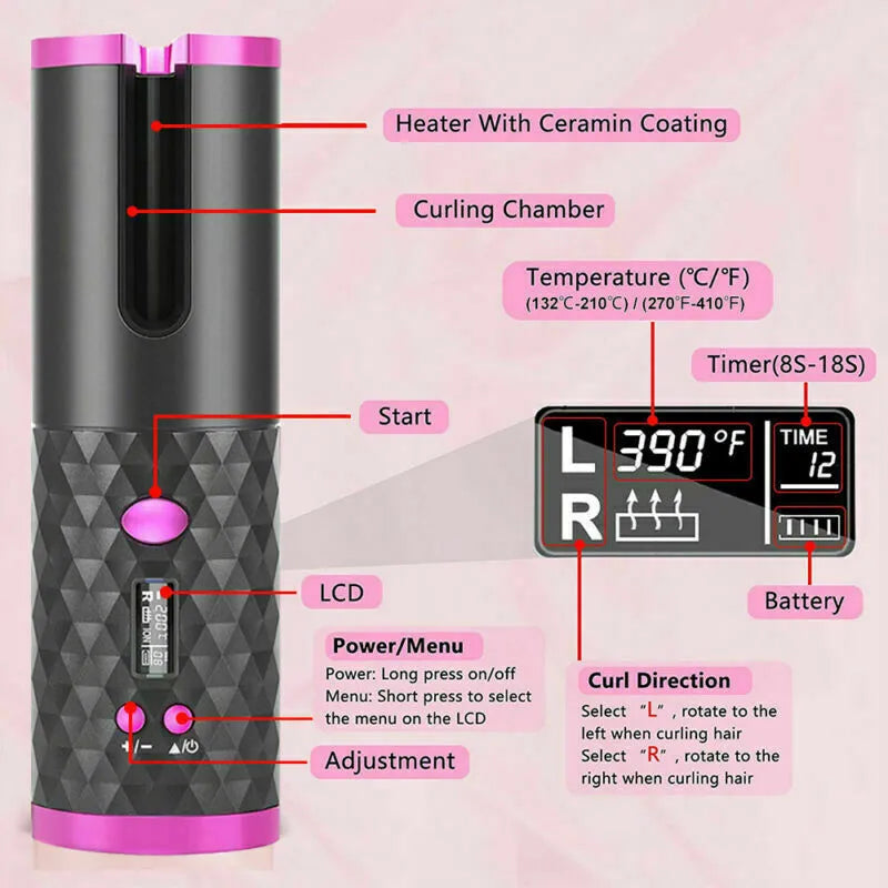 Cordless Auto-Rotating Hair Curler - Ceramic Wireless Curling Iron - Black