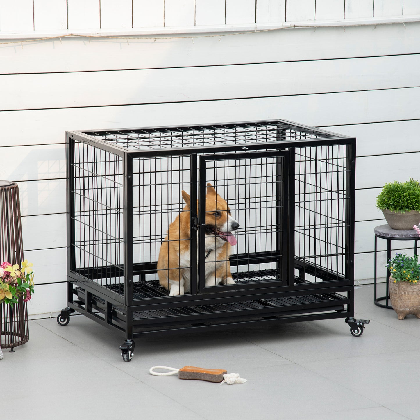 Heavy Duty Dog Crate 36 Inch with Removable Tray & Lockable Wheels for Medium & Large Dogs - Black