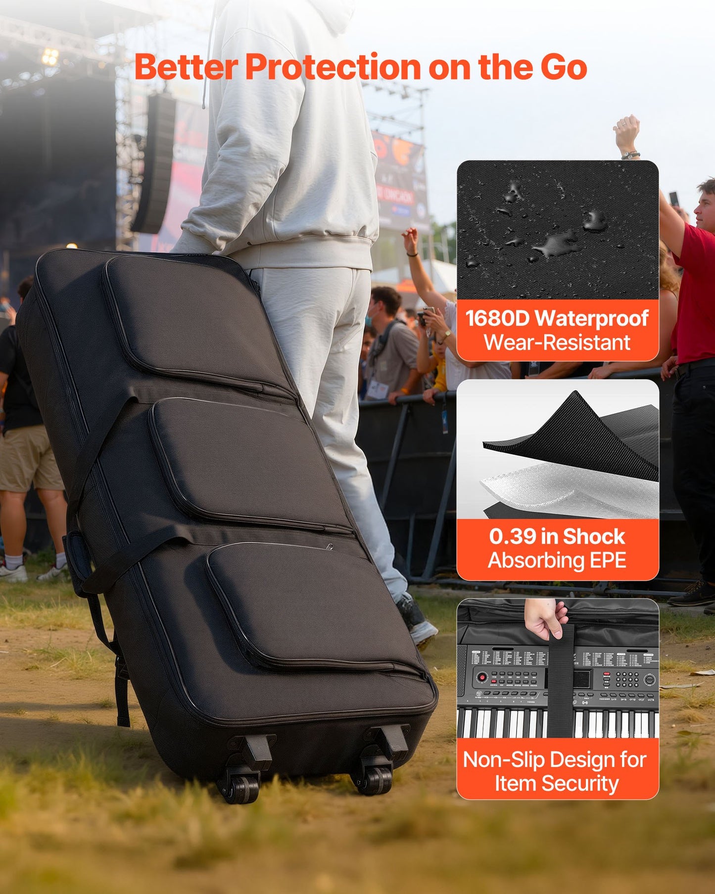 Padded Rolling Keyboard Case with Wheels & Multiple Pockets for 88-Key Pianos