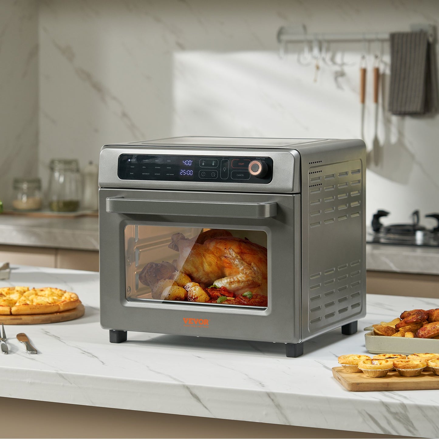 12-in-1 Air Fryer Toaster Oven 25L Convection Oven with Grill & Pizza Pan - Grey
