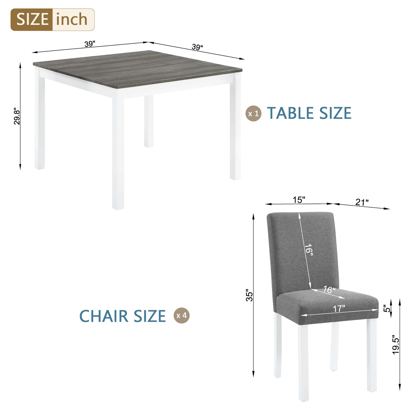 5-Piece Wooden Dining Table Set with 4 Chairs - Grey & White