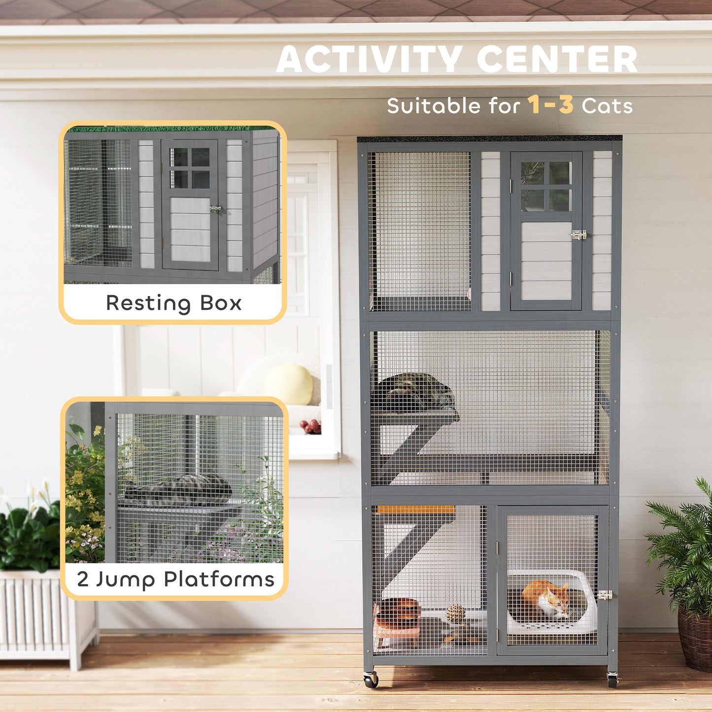 74-Inch Wooden Outdoor Cat House with High Weight Capacity and Weatherproof Design - Dark Gray