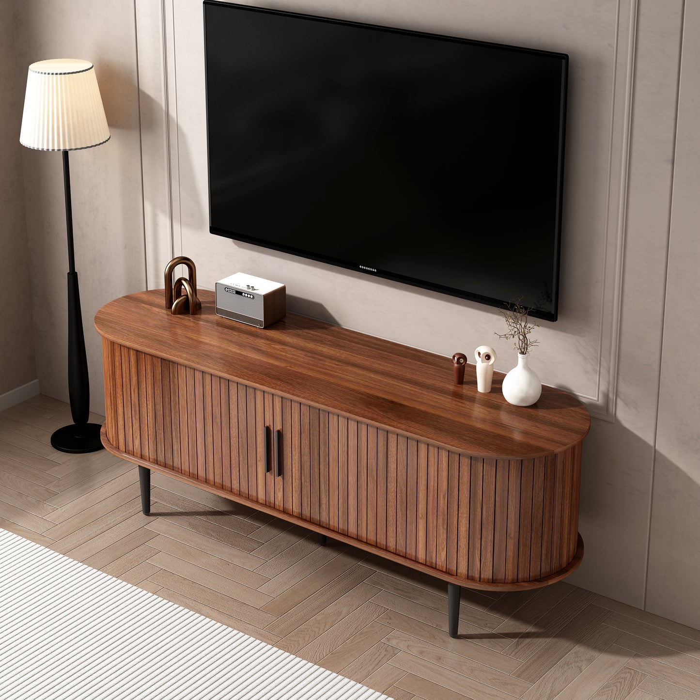 55" Modern TV Stand Console Table with Sliding Door - Walnut