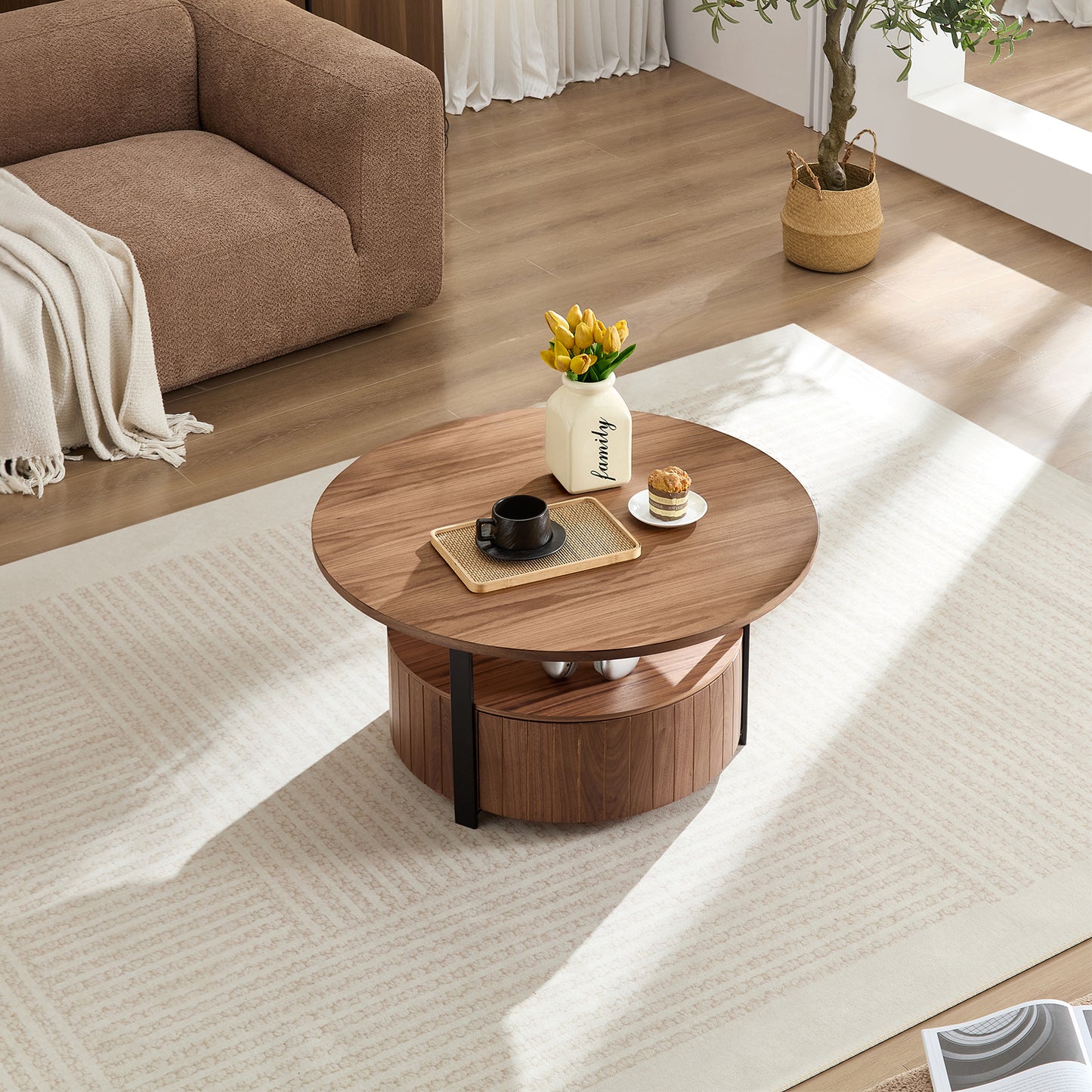 Round Wood Coffee Table - Rustic Walnut Design for Living Room
