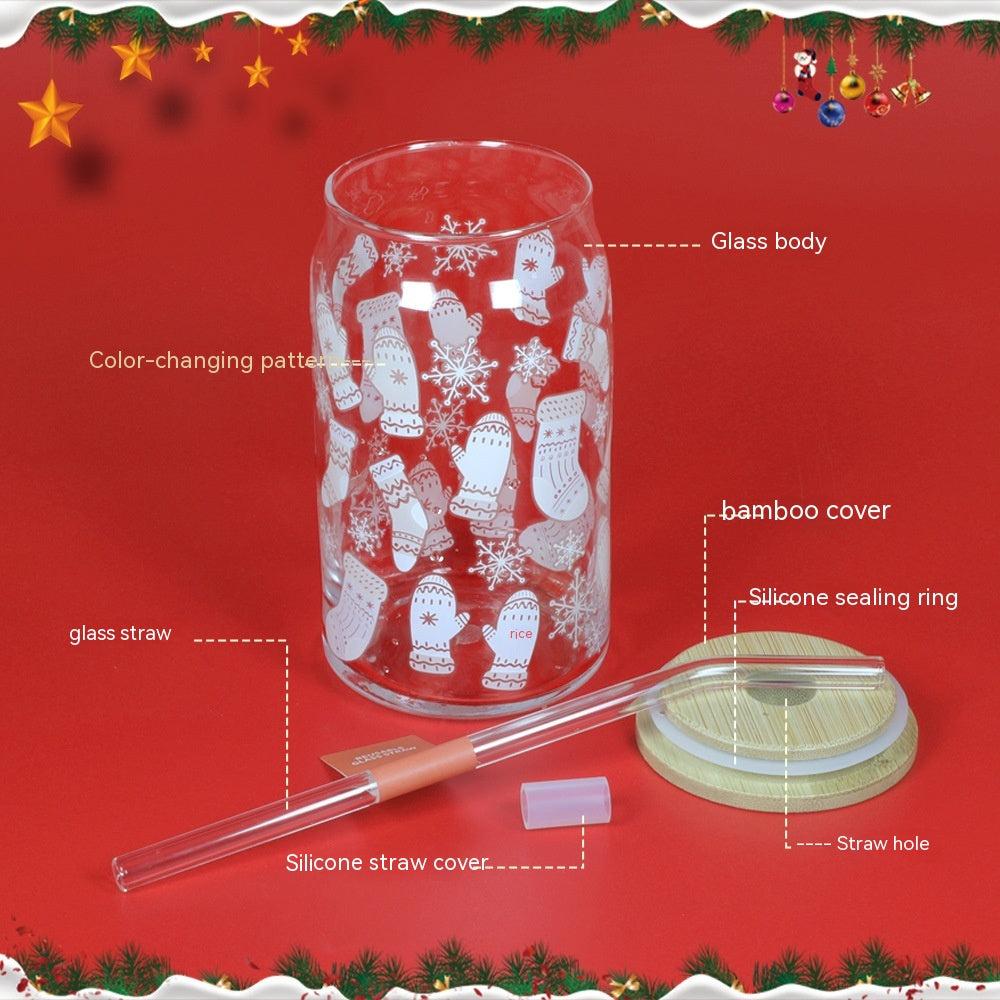 Color-Changing Glass Water Cup with Straw for Christmas Gift