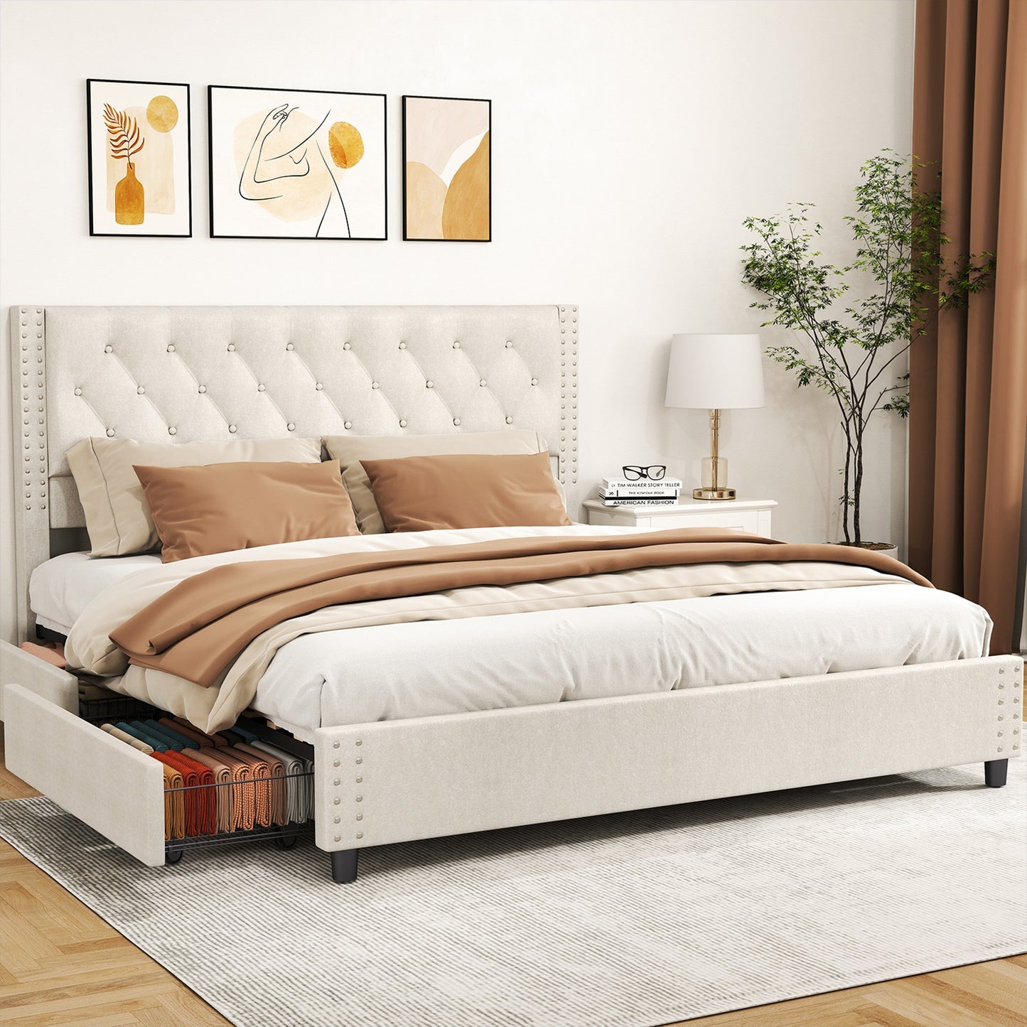 King Size Upholstered Bed Frame with Headboard & 4 Drawers