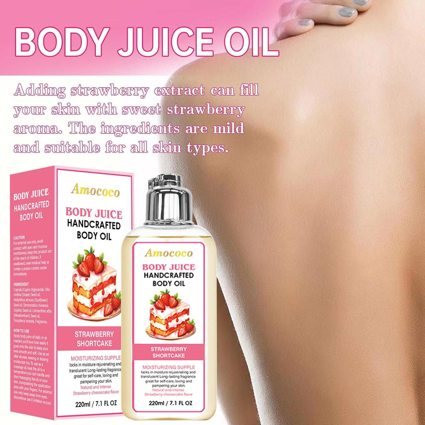 Strawberry Shortcake Body Oil - 220ml Moisturizing & Hydrating Massage Oil