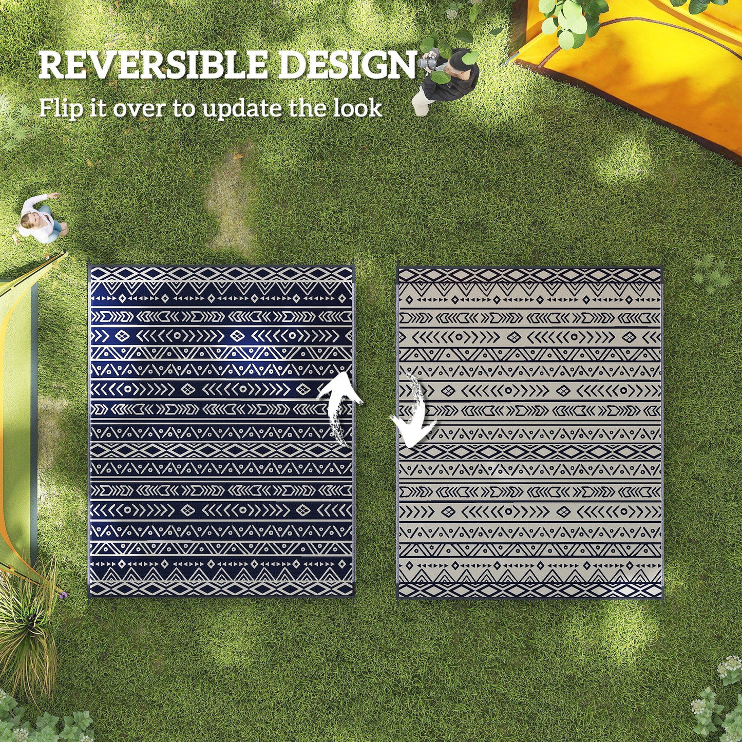 Reversible Outdoor Rug - Waterproof Plastic, 8' x 10', Blue & White Geometric