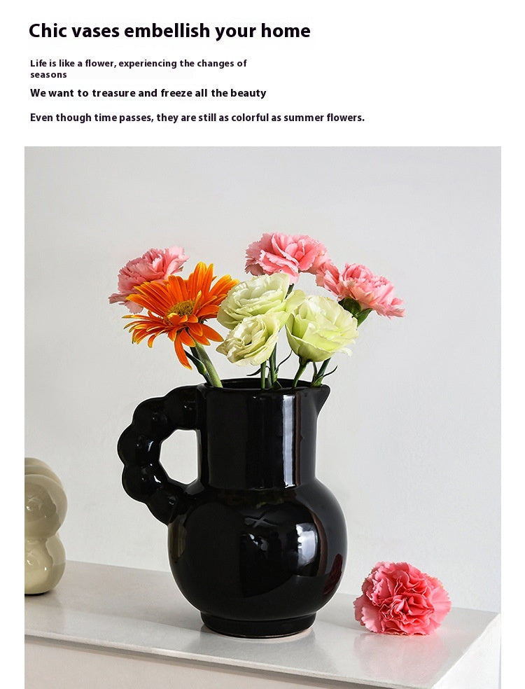 French Ceramic Vase Set - Cream, Black, and Beige Decorative Flowers & Tulips