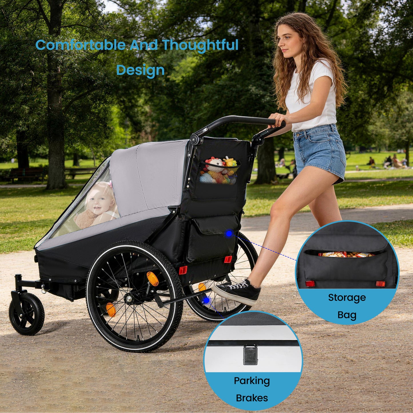 2 In 1 Kids Bike Trailer And Stroller For To Children, Jogging