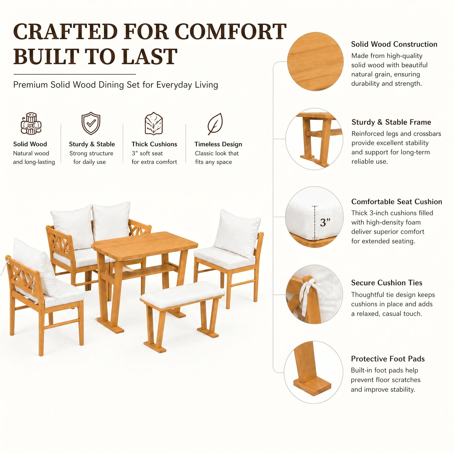 Farmhouse Solid Wood Kitchen Nook Dining Set for 6 - Natural & White