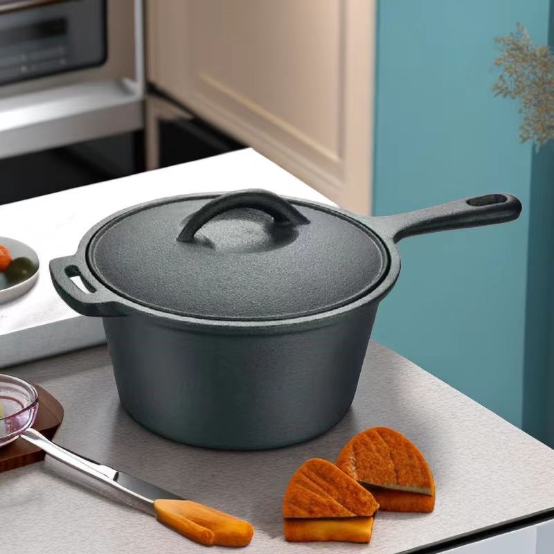Cast Iron Baby Food Pot with Handle and Cover for Cooking Soup and Milk