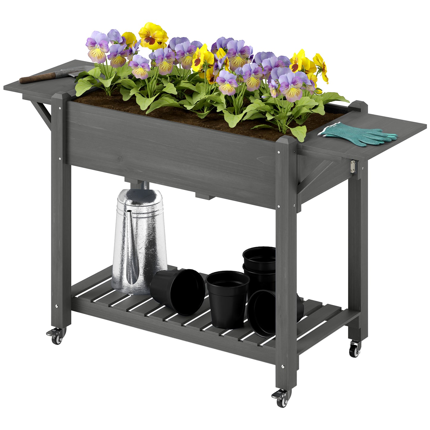 Wood Raised Garden Bed with Lockable Wheels and Storage - Gray