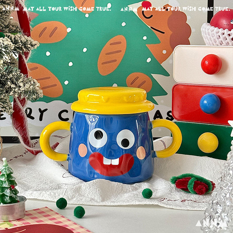 Ceramic Double-Handled Mug with Lid - Creative Kitchen Drinkware