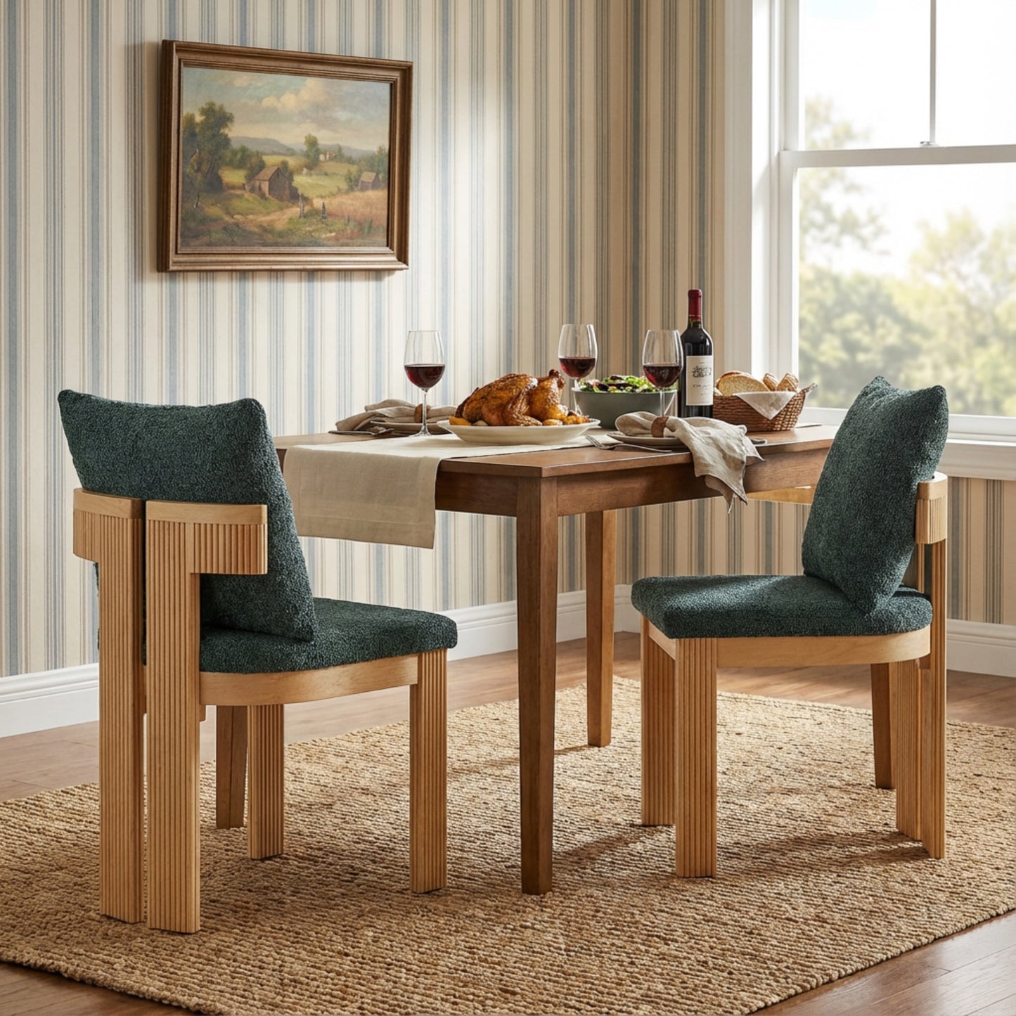 Indoor Boucle Dining Chair Set of 2 - Green Plush Upholstery