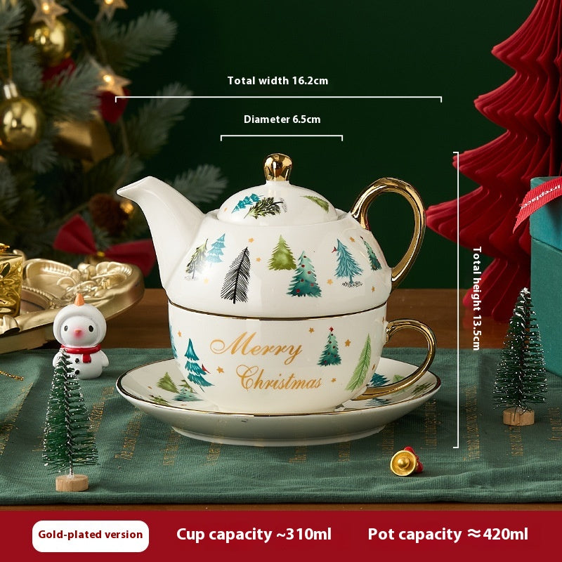 Gift Box Tea Set with Ceramic Teapot & Cups - Gold Plated Snowflake Design, Christmas Gift