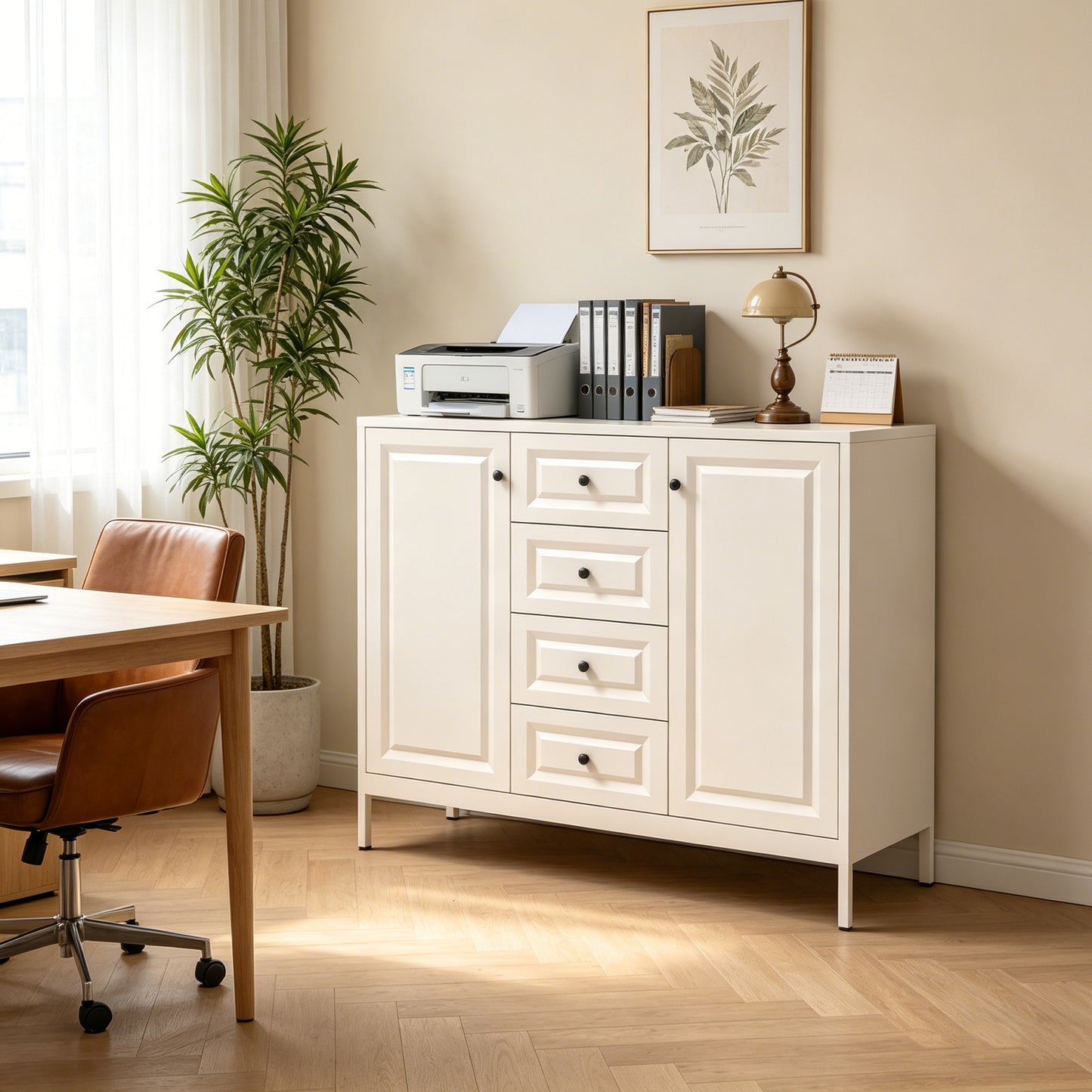 Beige 40.16'' Storage Sideboard Buffet Cabinet with 4 Drawers & 2 Doors
