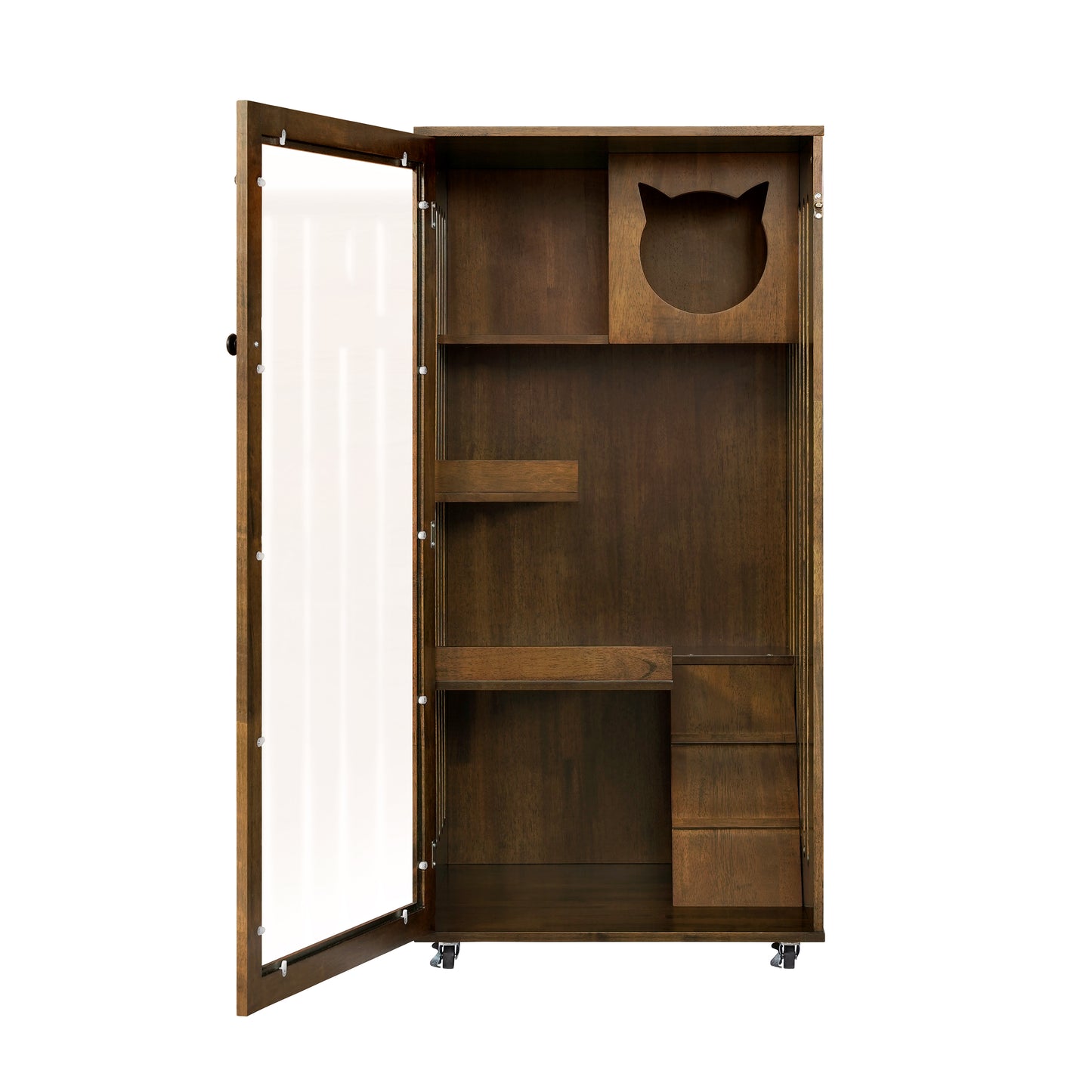Indoor Rubber Wood Cat Enclosure with Multi-Level Shelves & Lockable Door - Brown Oak Finish