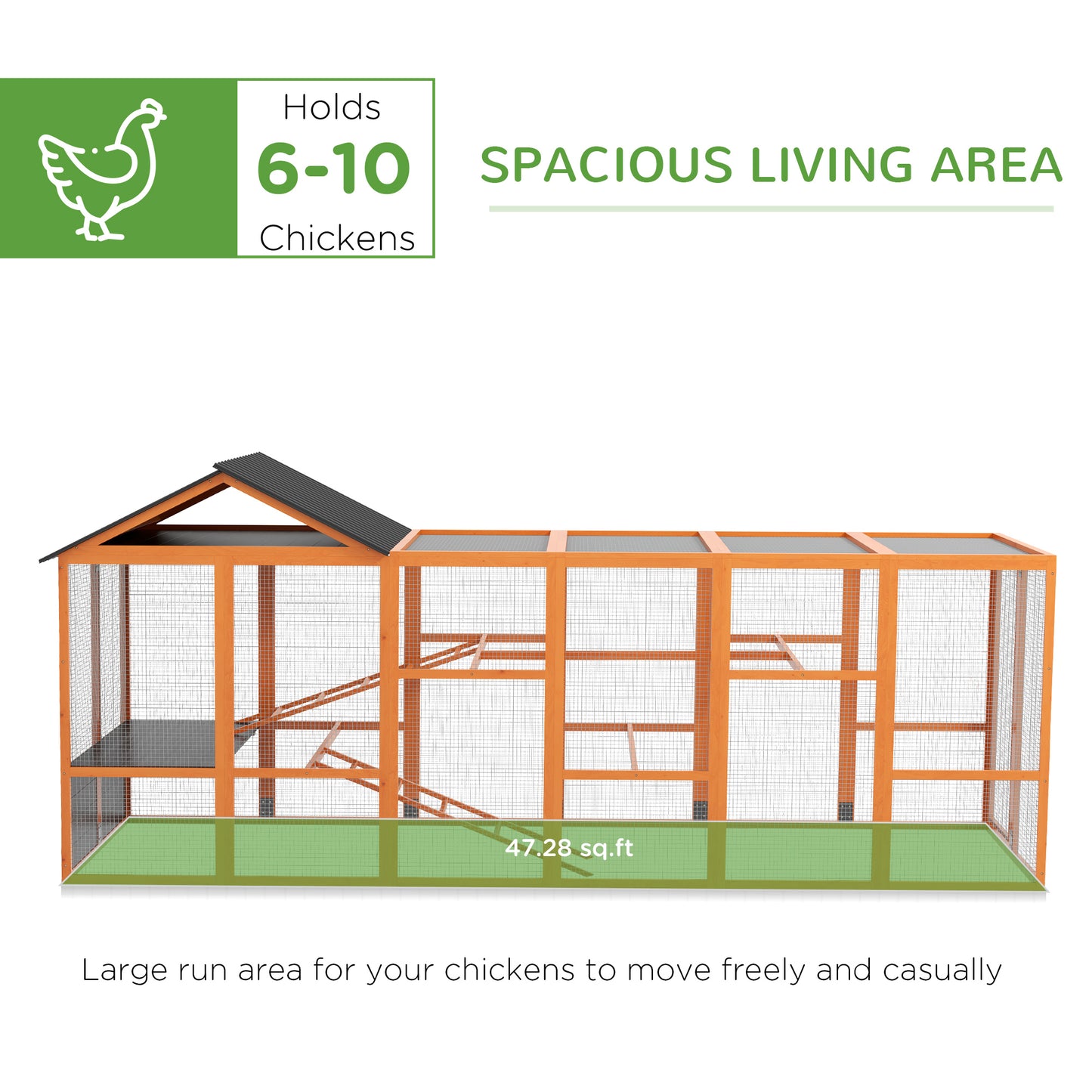 Wooden Chicken Coop Run for 6-10 Chickens with Storage and Perches - 141.75 x 48 x 61 inches, Orange