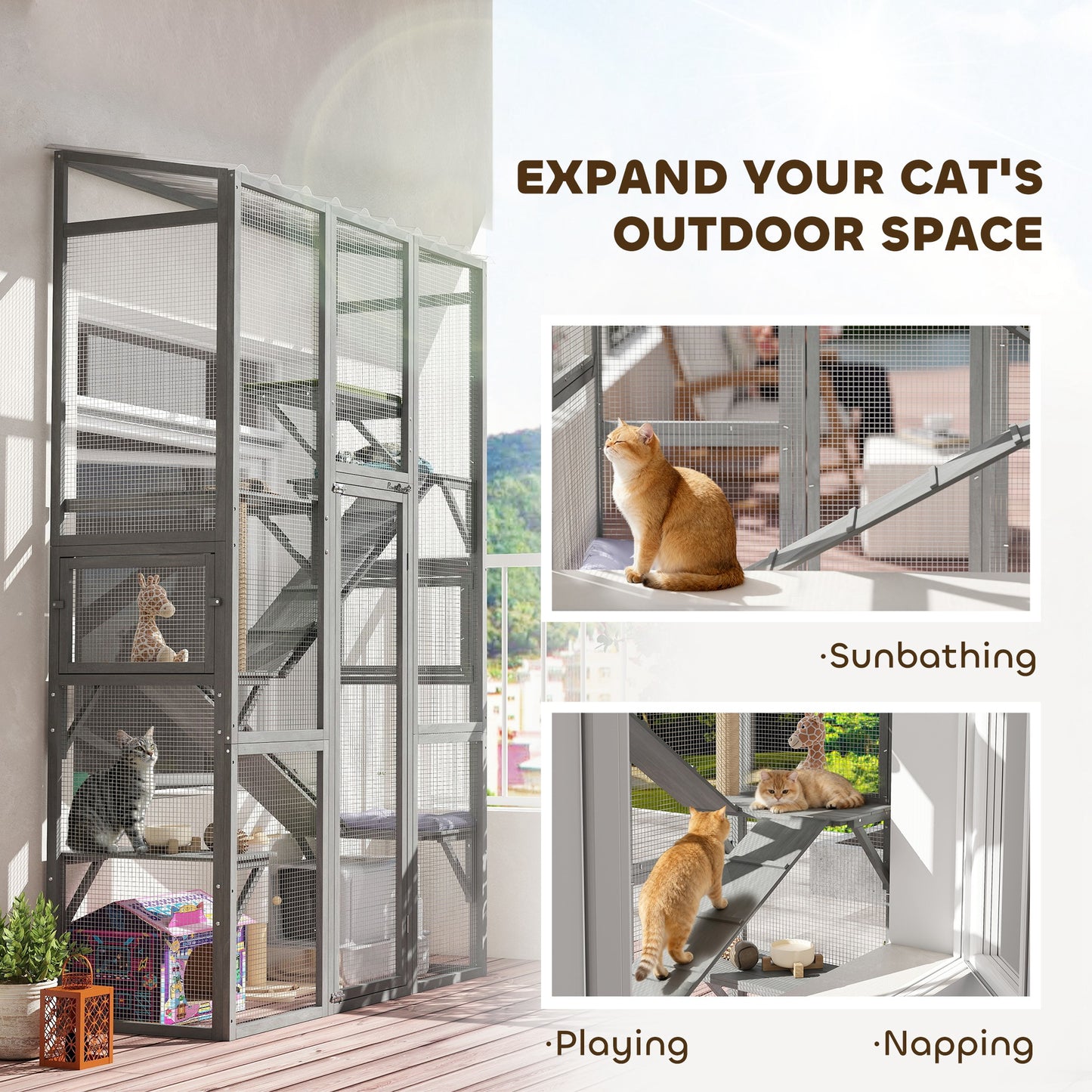 Large Wooden Outdoor Cat Enclosure with Platforms, Ramps & Scratching Post