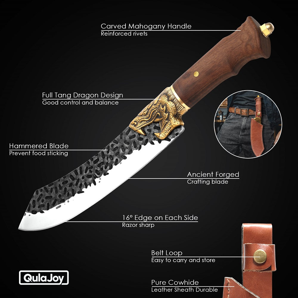 Hand Forged Camping Knife with Dragon Head Handle & Leather Sheath