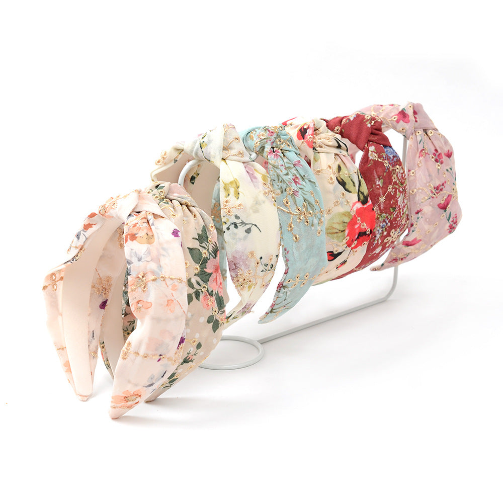 Embroidered Tulle Headband with Knot Detail