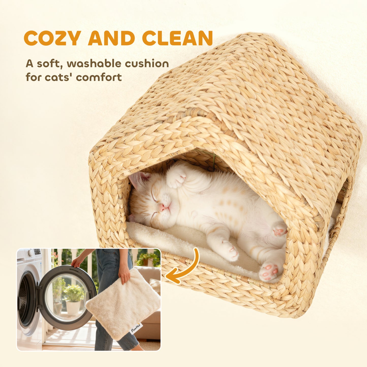 Wall Mounted Cat House with Washable Cushion - Natural Wood Cat Wall Shelf