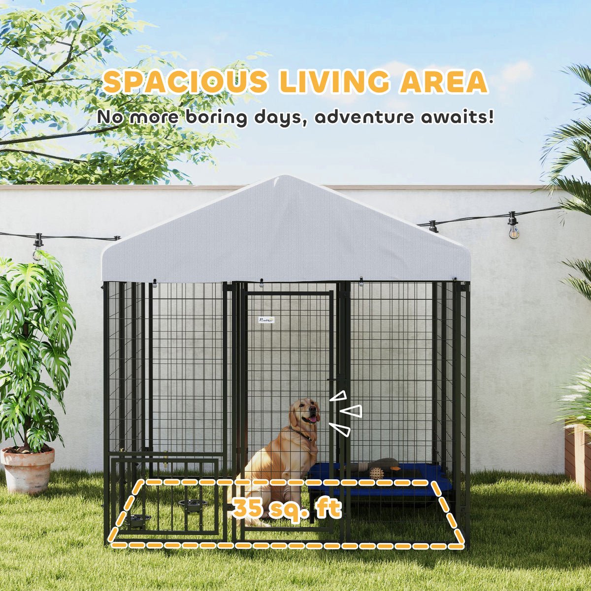 Outdoor Dog Kennel with Roof, 4-Level Adjustable Bowls & Rotating Feeder