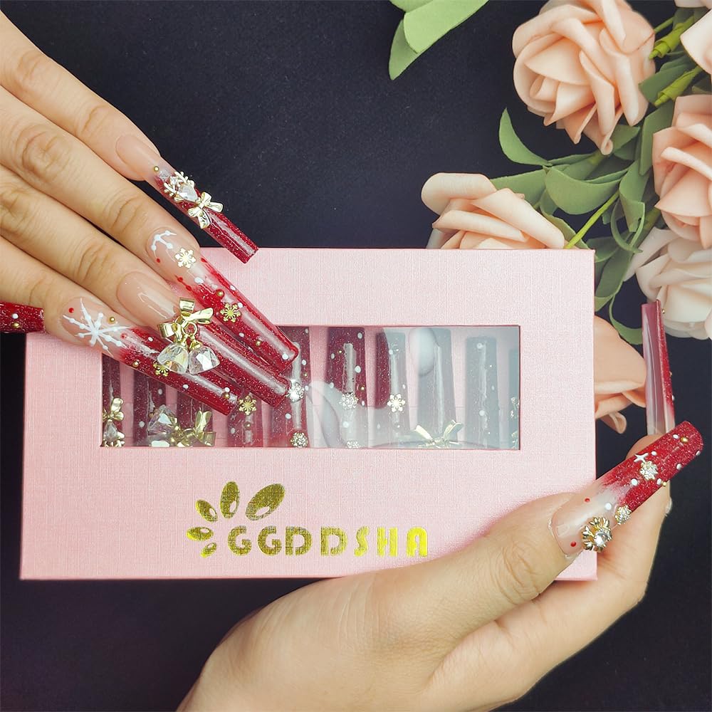 Handmade Press-On Nails - Red Snowflake Rhinestone Bell Design Set